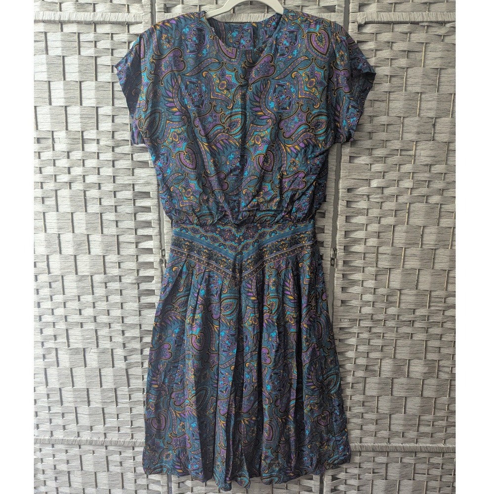 Vtg Midi Dress Teal Paisley Button Back Blouson Pleated Sz 6P Union Label USA